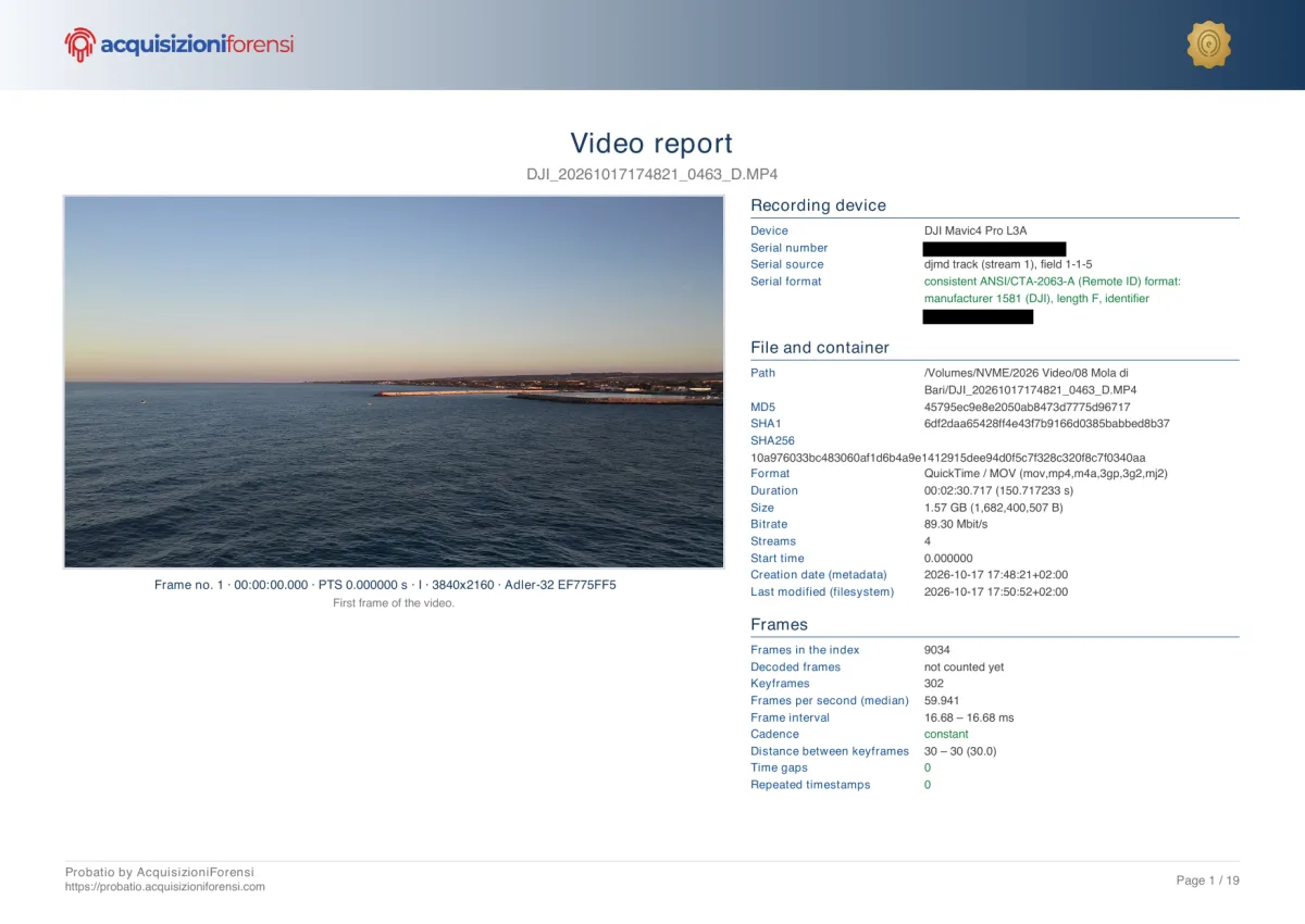 First page of the report: first frame, device with the serial number redacted, file and container, frames