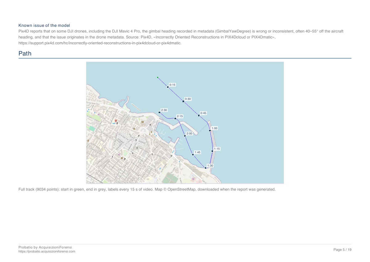 Report page with the flight path map and time labels every 15 seconds