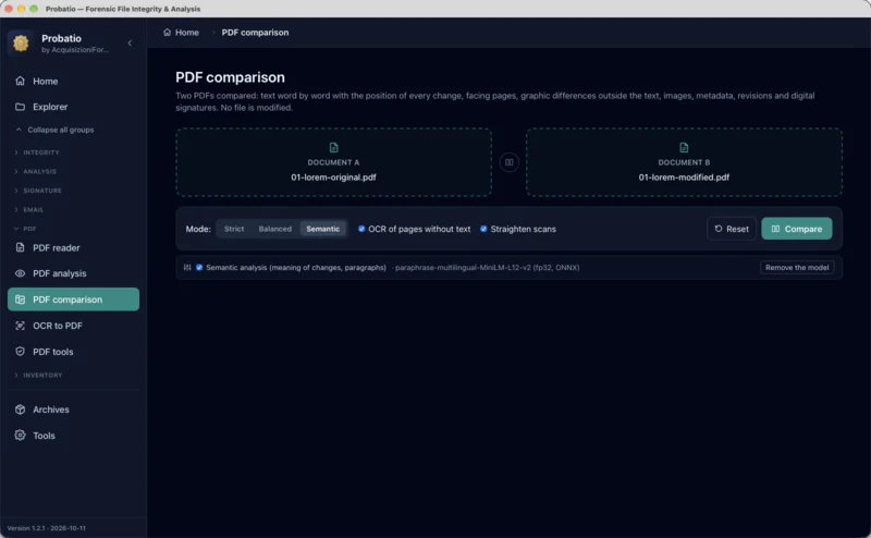 Il modulo Confronto PDF con il Documento A e il Documento B, le tre modalità e le opzioni OCR, raddrizzamento e analisi semantica