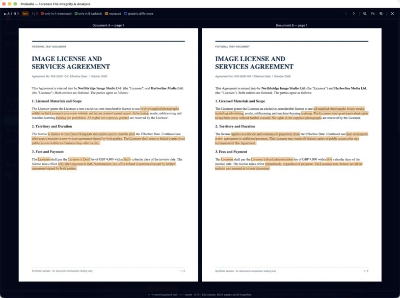 Confronto affiancato delle pagine 1 dei due contratti: le clausole 1, 2 e 3 sono evidenziate in arancio come sostituzioni quasi per intero