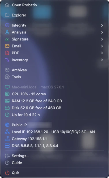 System tray menu on macOS: module groups, then computer, CPU, memory, disk, uptime and network